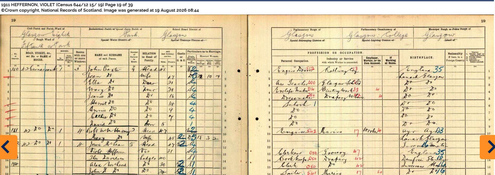 1911 Census of Scotland Violet Heffernon visitor Glasgow