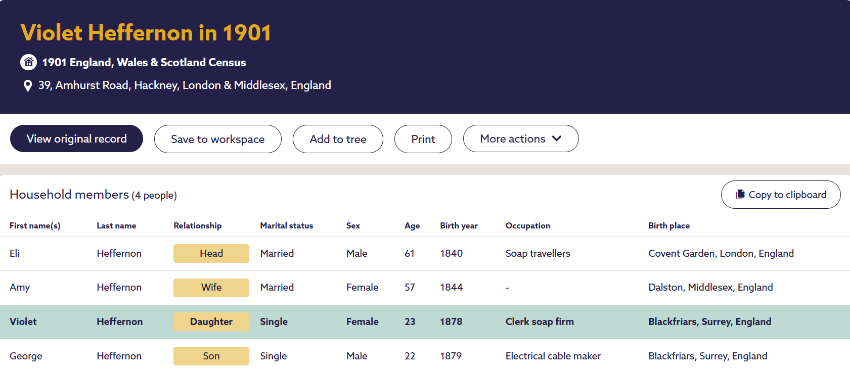 1901 Census Violet Susannah Heffernon 39 Amhurst Road Hackney