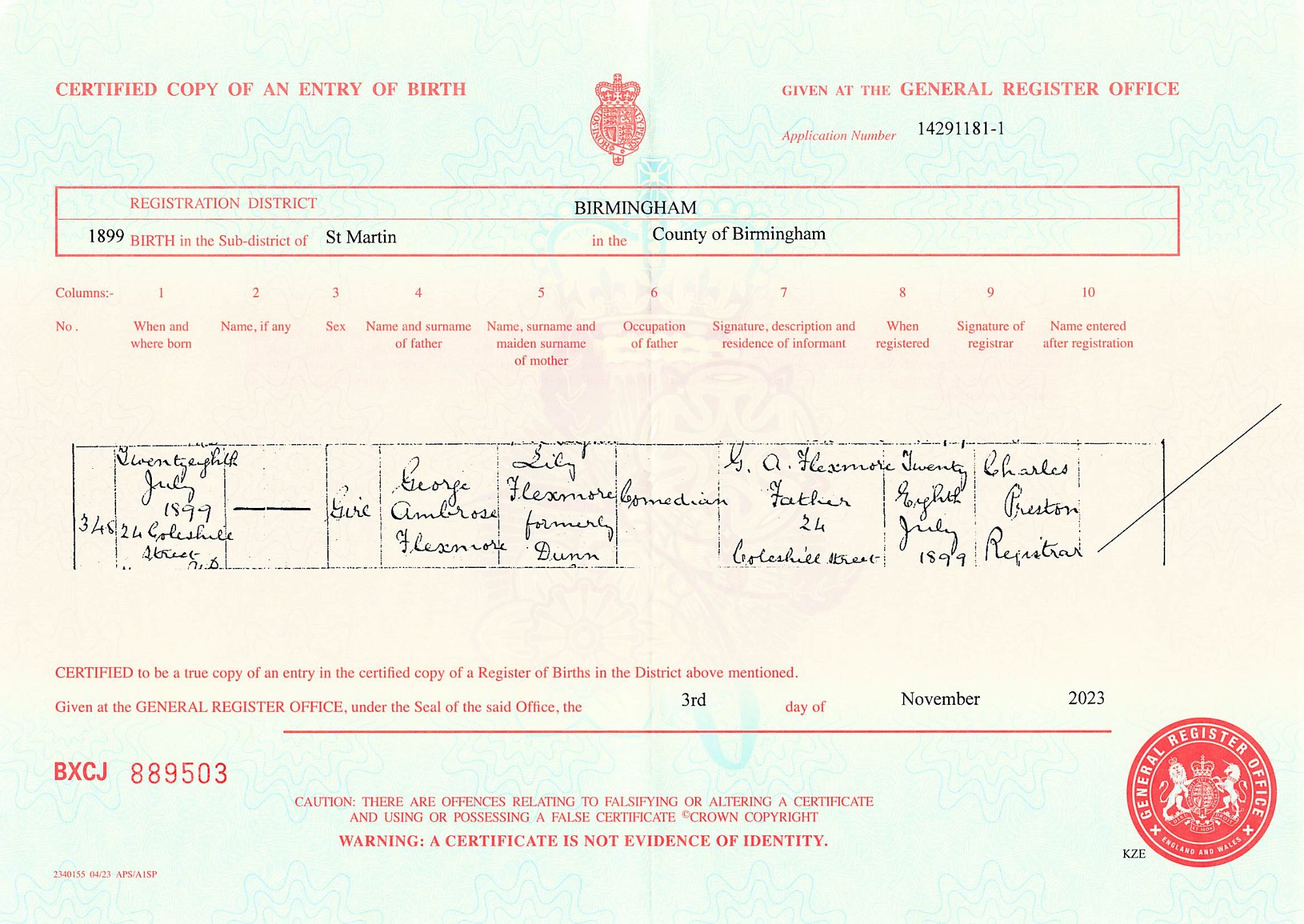 Official Birth Certificate Female Flexmore July 1899