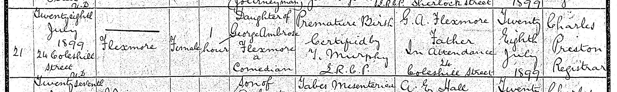 Civil Death Record Female Flexmore 1899