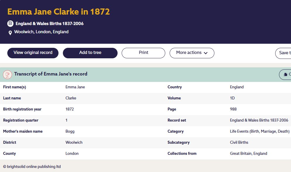 Civil Birth Record Emma Jane Clarke 1872