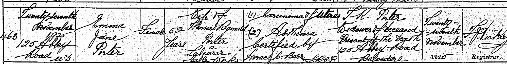 Death Certificate Emma Jane Clarke Porter 1925