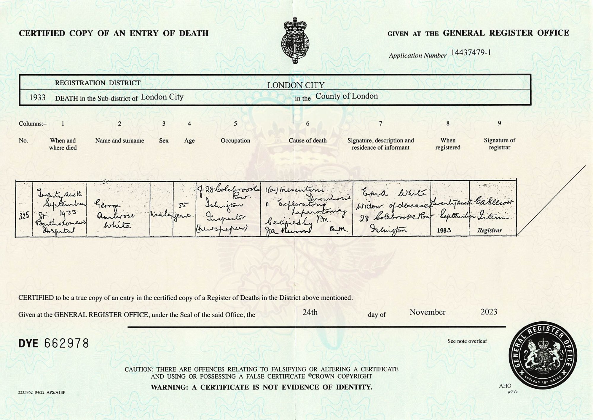 Official Death Certificate George Ambrose White 1933